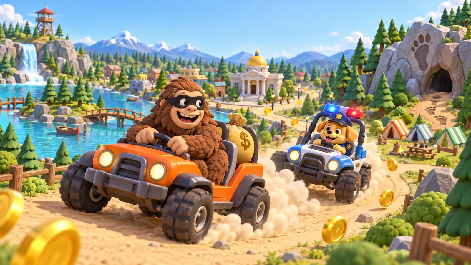 A Bigfoot in a getaway buggy chased by a puppy police car through a sunny forest park